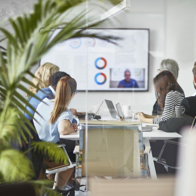 Male and Female Executive Team Video Conferencing with CEO Rear view photographed through window of diverse male and female executive team video conferencing with CEO in office board room.